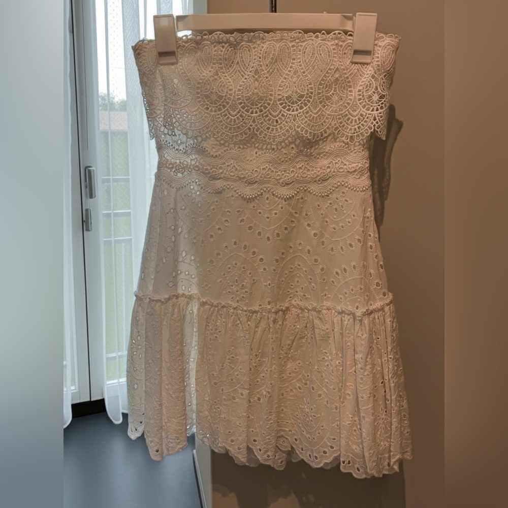 MABLE White Eyelet Lace Strapless Mini Dress - Size S - Tiered Ruffle Scalloped